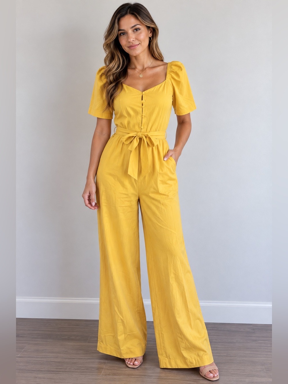 Ann Taylor Mustard Yellow Puff-Sleeve Wide-Leg Jumpsuit